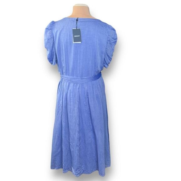 DKNY Dress Blue Chambray Front Button Vneck Short Puff Sleeve Midi Size 16 - Picture 3 of 10